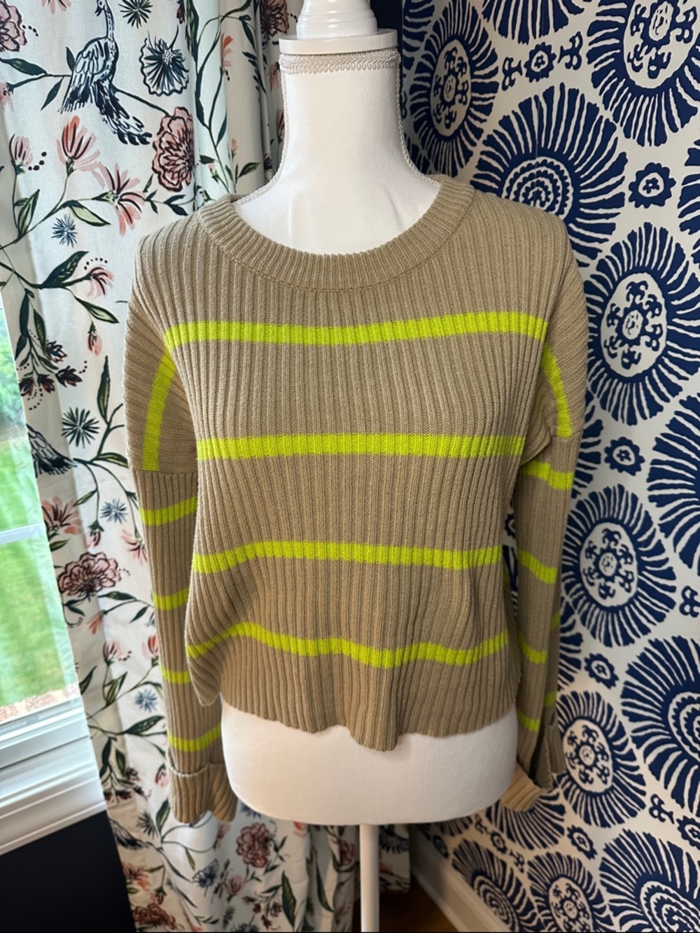 Evereve Ribbed Crewneck Sweater in Beige with Neon Yellow Stripes